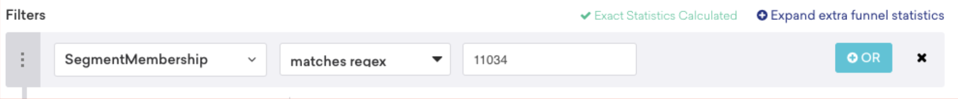 mParticle segment filter "SegmentMembership" set as "matches Regex" and audience ID.