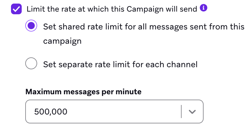 The option to limit the rate at which the campaign sends, selected with 500,000 messages per minute.