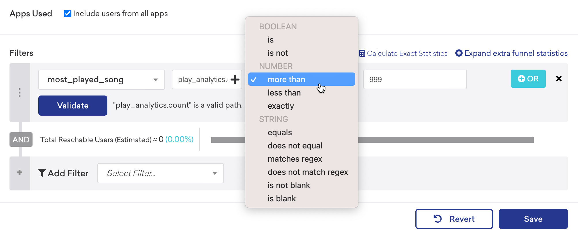 A user choosing an operator based on the data type for the nested custom attribute