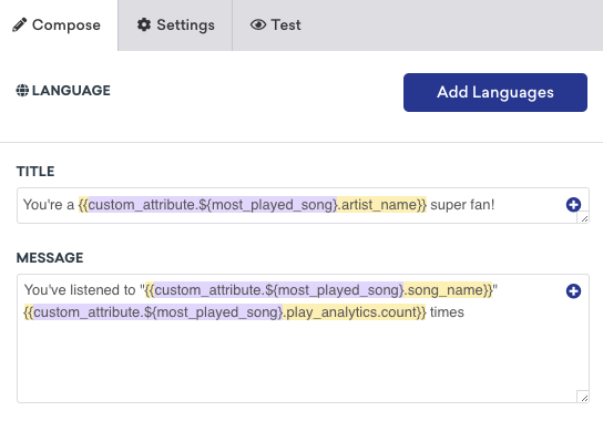 Using Liquid to template a song name and the number of times a listener has played that song into a message