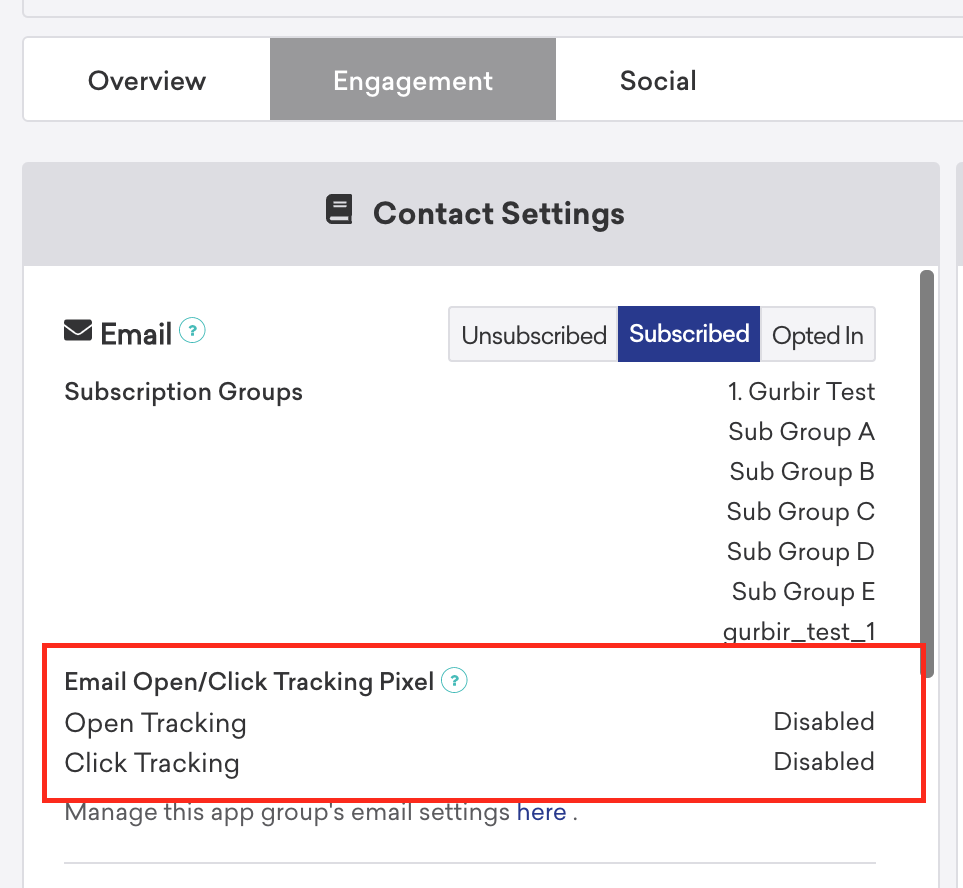 Email open and click tracking pixel fields on the Engagement tab of a user's profile