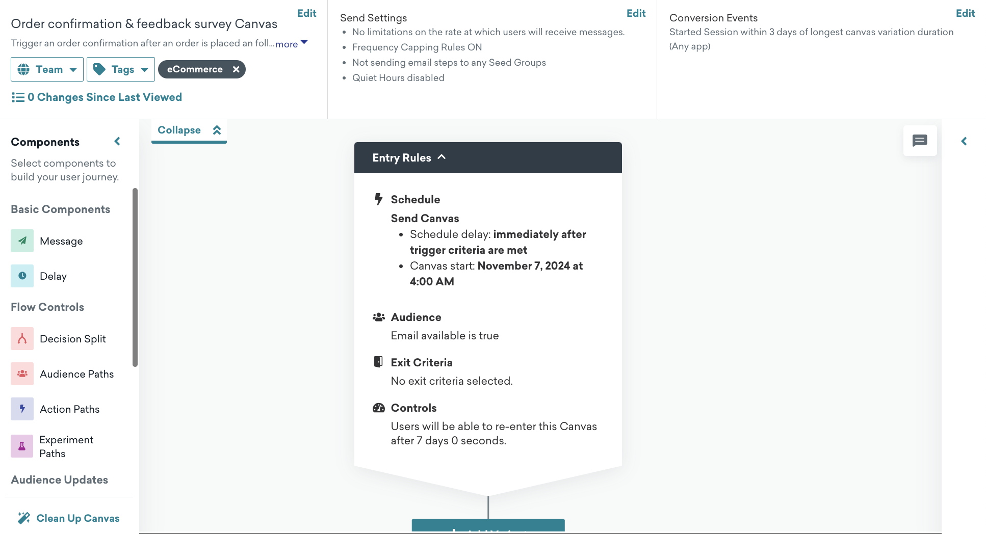 An applied "Order confirmation" Canvas template with expanded "Entry Rules".