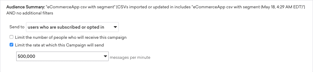 Audience Summary with a selected checkbox for limiting the rate at which the campaign will end, and rate being 500,000 per minute.