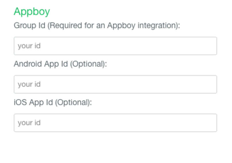 An image of the Pilgrim console asking for Group ID, Android App ID, and iOS App ID.