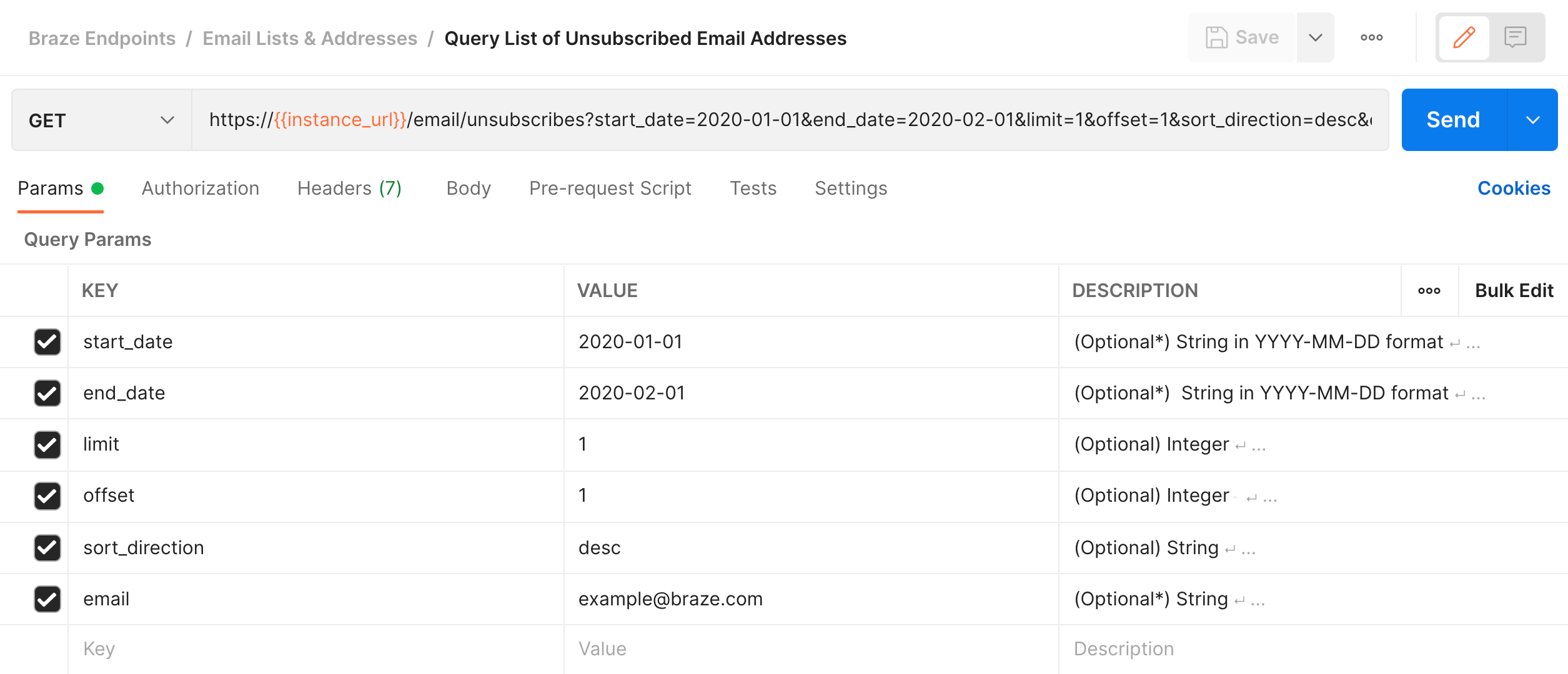 Params tab when editing a GET Query List of Unsubscribed Email Addresses request in Postman.