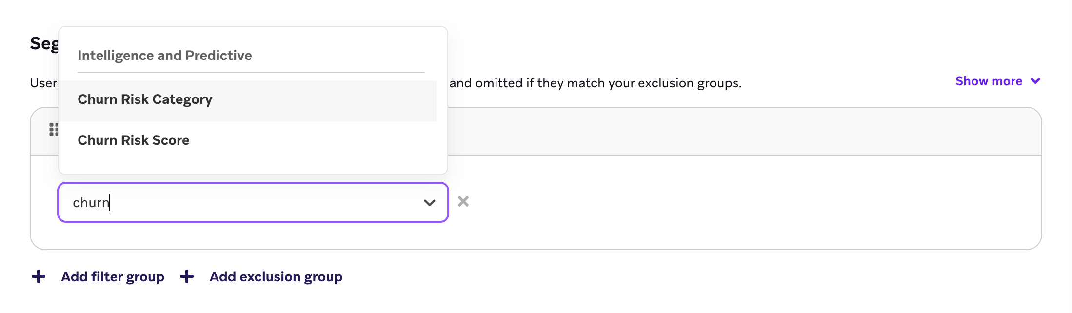 Churn filters available when defining an audience include Purchase Likelihood Category and Purchase Likelihood Score.