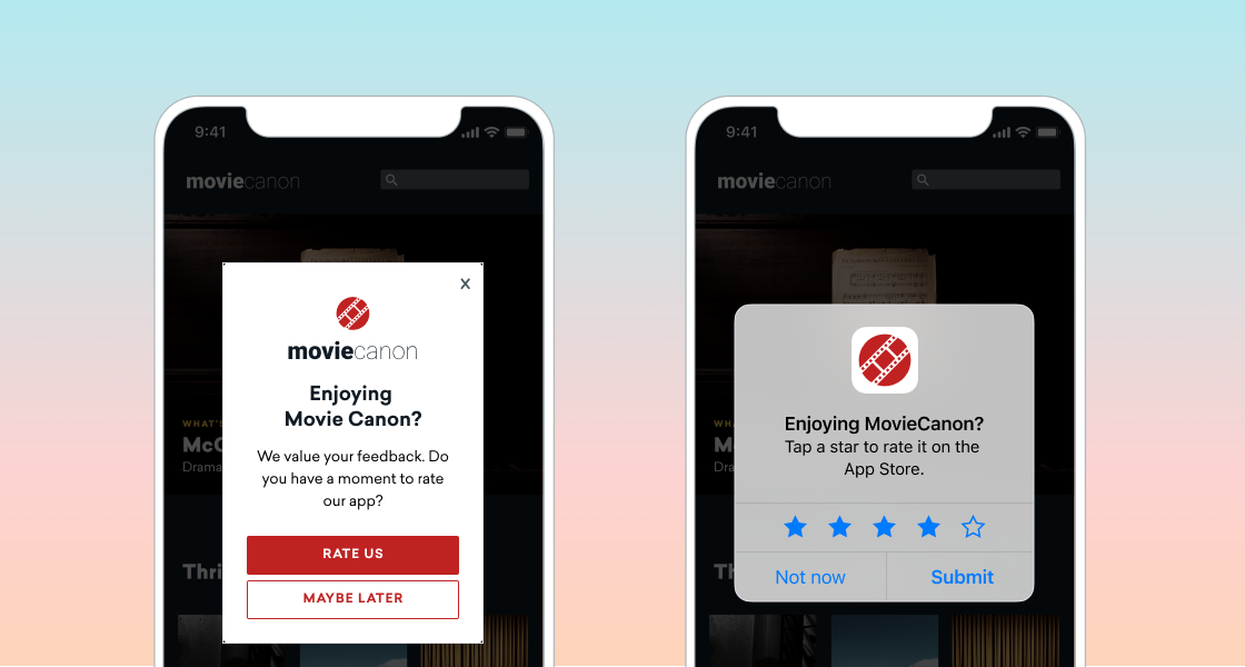 Two in-app messages side-by-side. The first primes the user to rate the app by asking if they have a moment to rate the app. The second is the native iOS App Store review message, displaying a scale of five stars the user can select to rate the app.