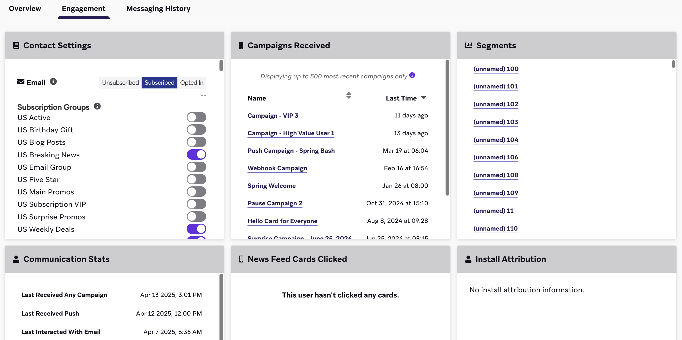 The Engagement tab of a user profile displaying their contact settings and communication statistics.