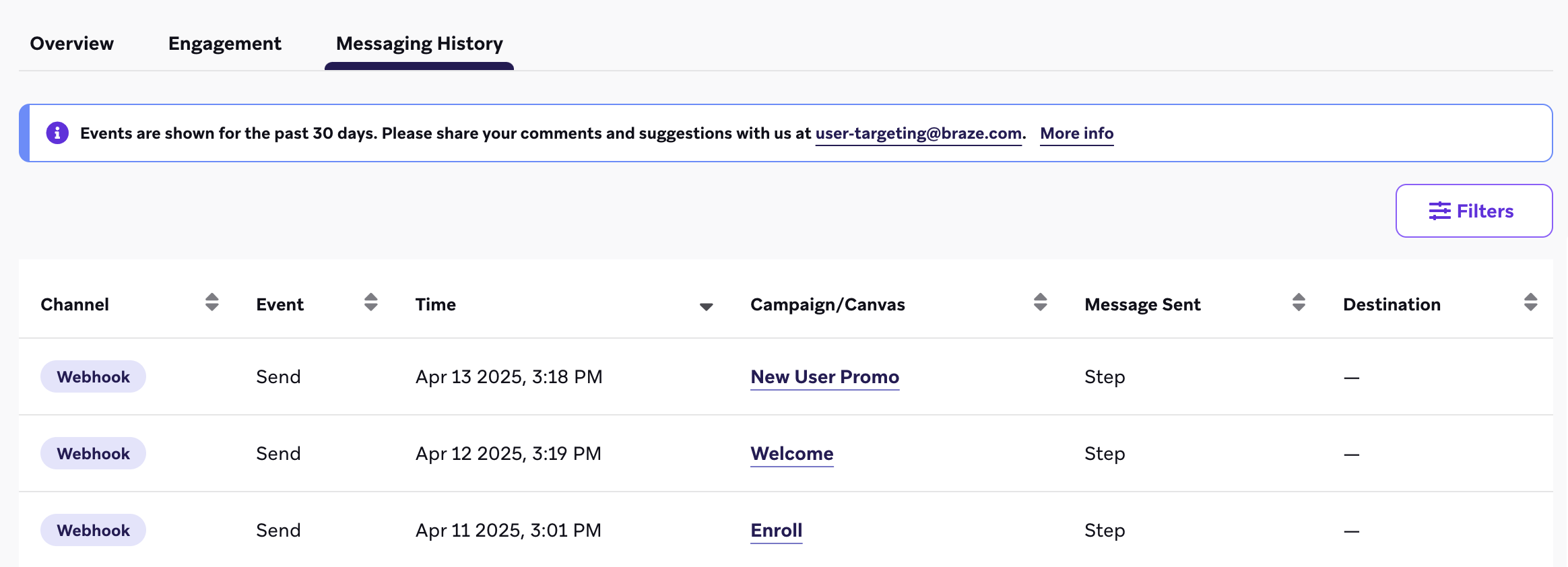 The Messaging History tab showing which campaigns and Canvases a user has received.
