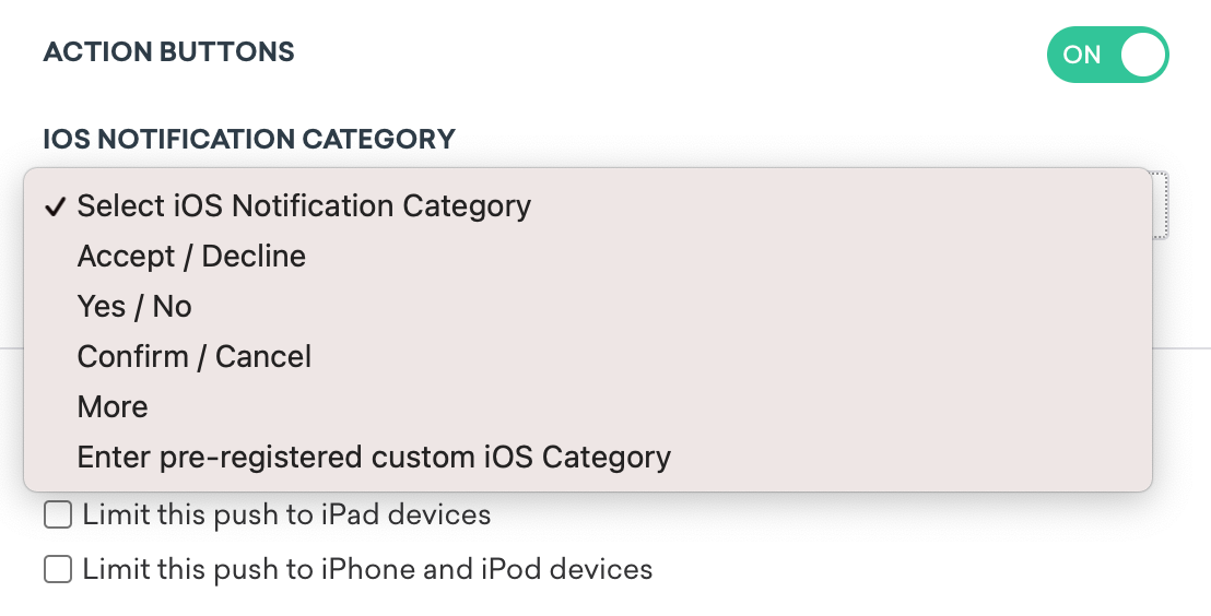 iOS Notification Category dropdown menu.