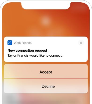An iOS push notification with two push action buttons: Accept and Decline.