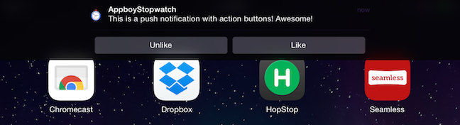 A push message displaying two push action buttons "unlike" and "like".
