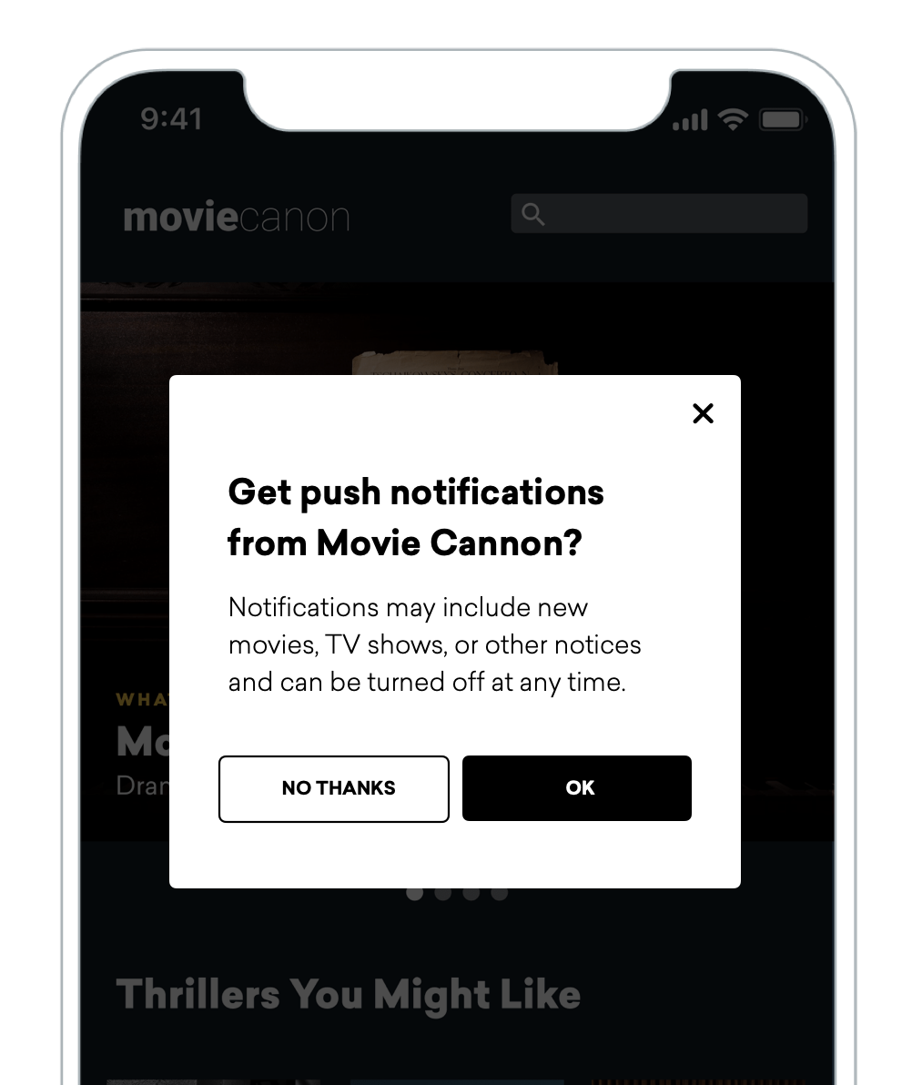 Push primer in-app message for streaming app. The notification reads "Get push notifications from Movie Cannon? Notifications may include new movies, TV shows, or other notices and can be turned off at any time."