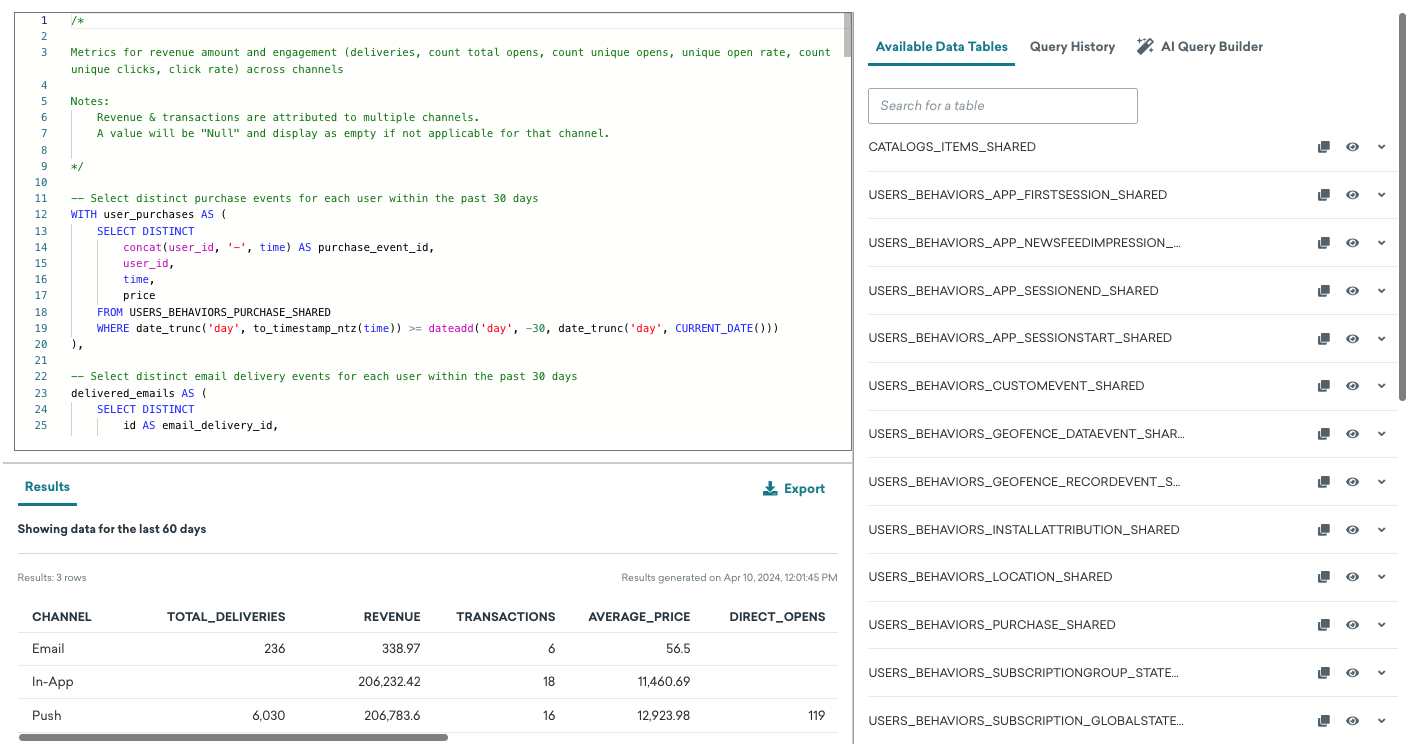 Query Builder showing the results for the templated query "Channel engagement and revenue for the last 30 days".