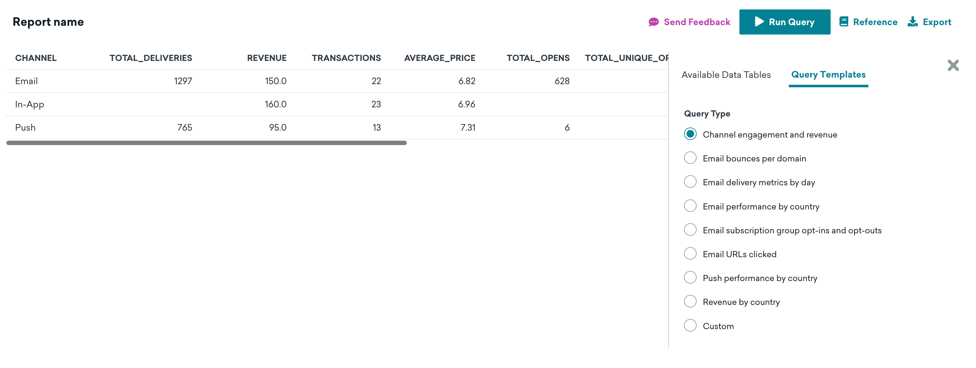 Query Builder showing the results for the templated query "Channel engagement and revenue for the last 60 days".
