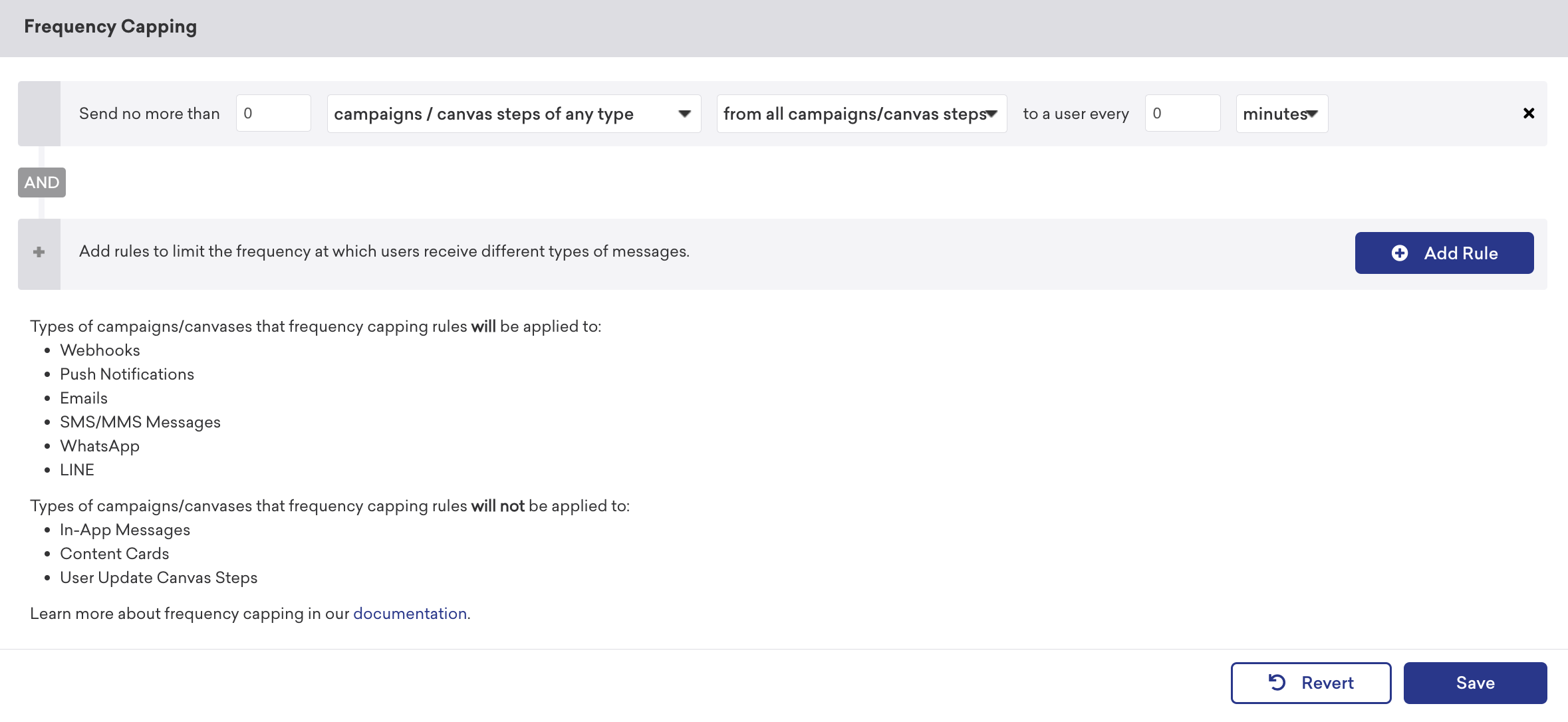 Frequency capping section with lists of campaigns and Canvases that rules will and will not apply to.