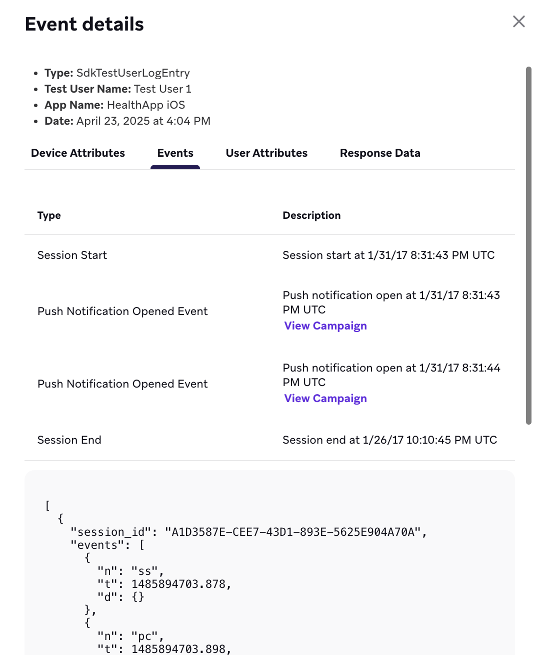 Raw logs for events