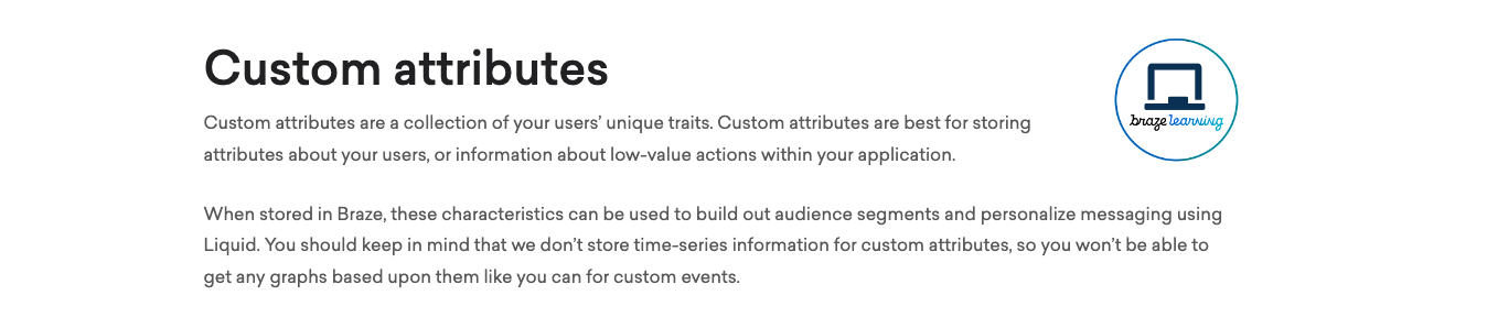 Braze learning logo in the custom attributes article, which takes you to the Braze Learning course for custom attributes