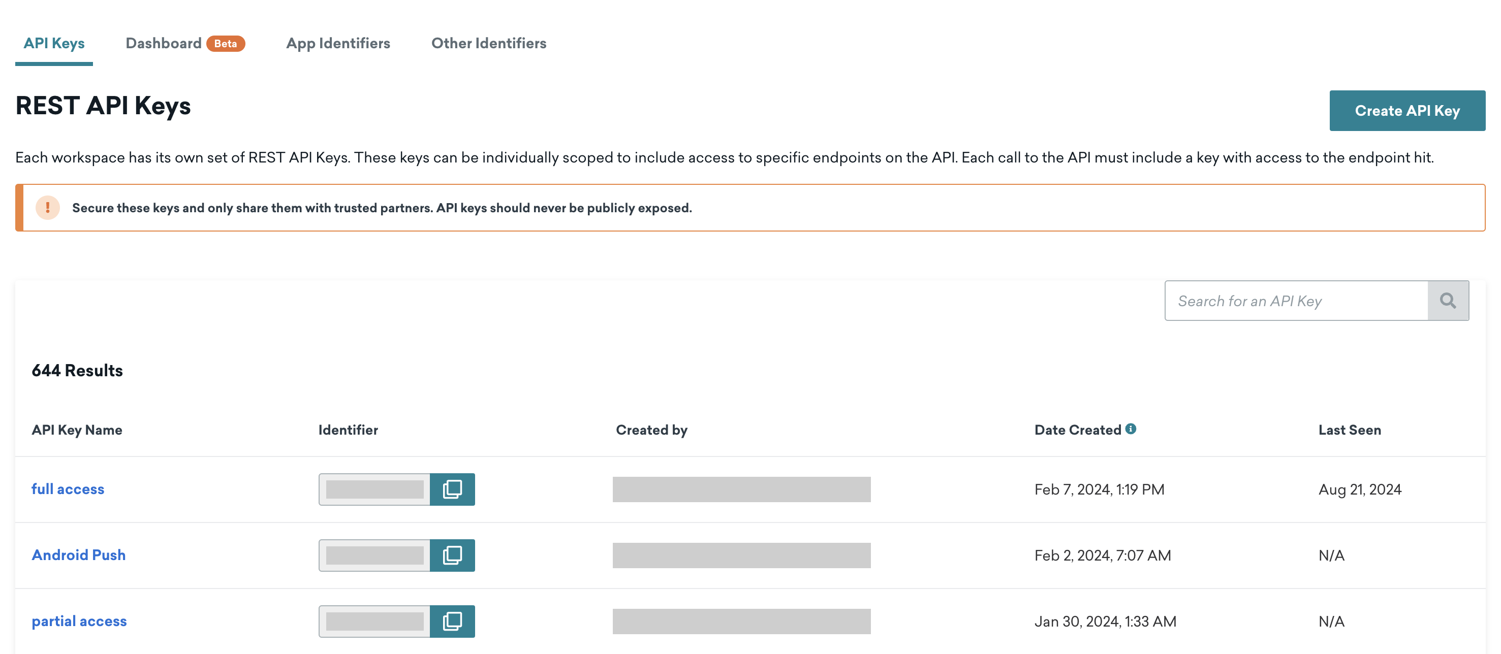 REST API keys panel on the API Keys tab.