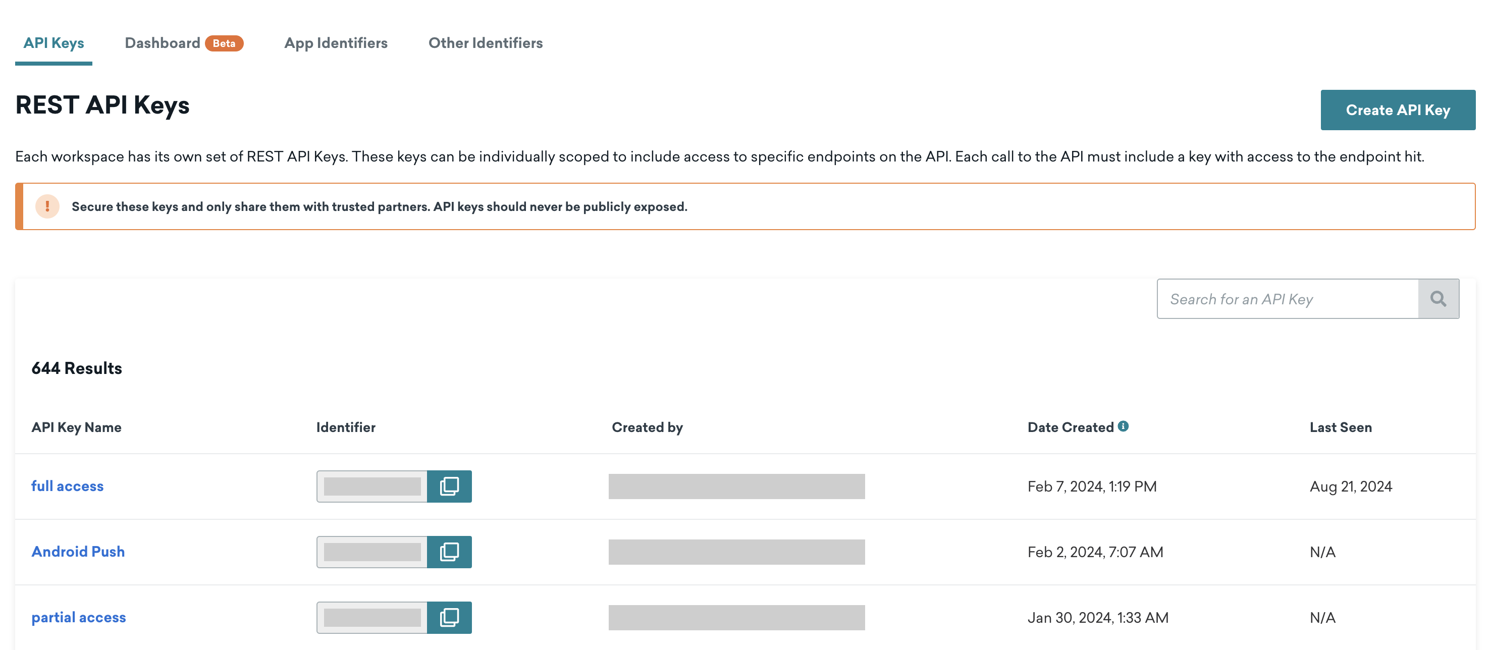 REST API keys panel on the API Keys page.