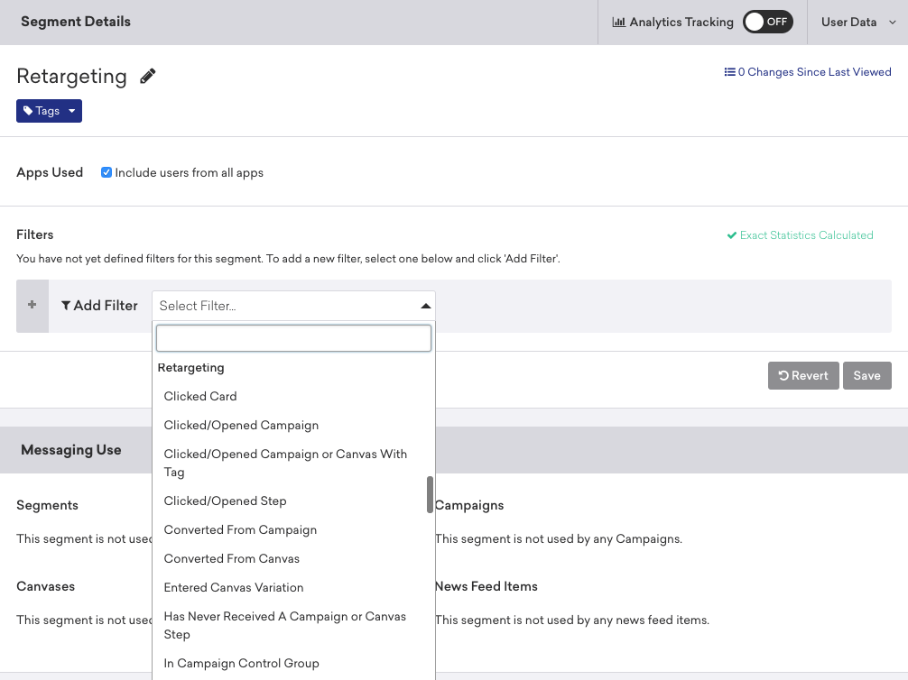 Segment Details section with the dropdown menu for the available filters.