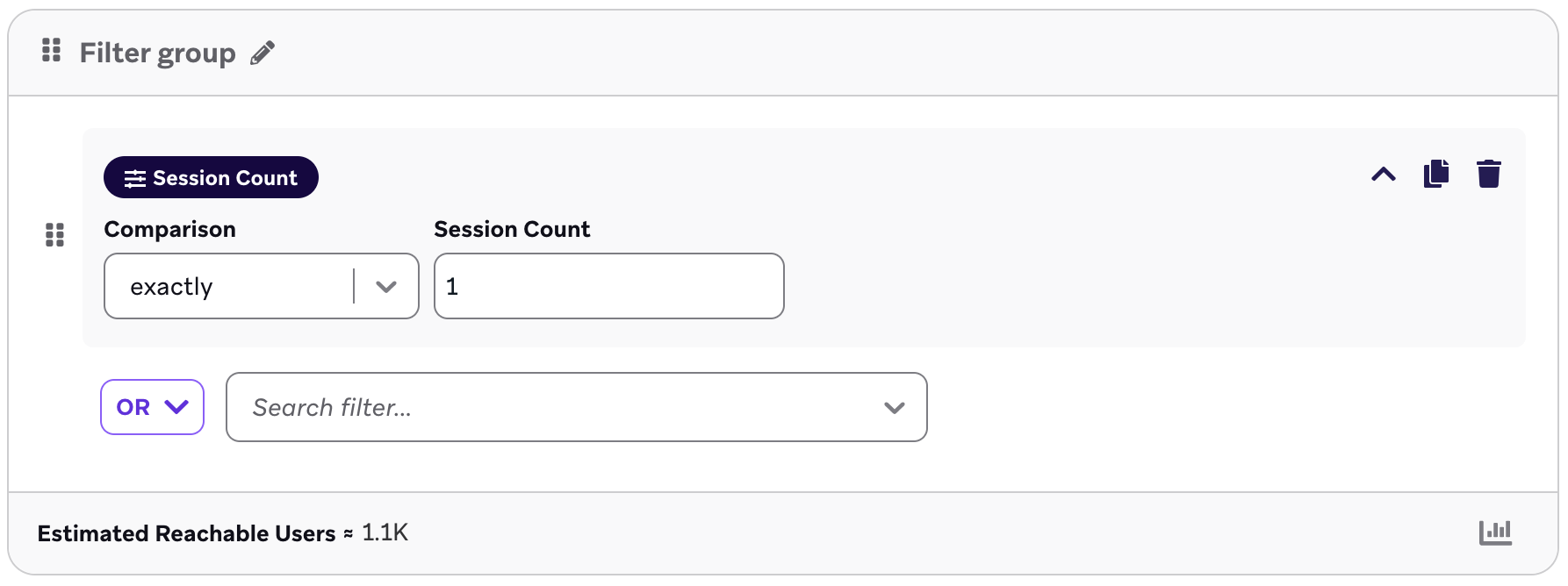 A filter group with a filter for users who had exactly one session count.