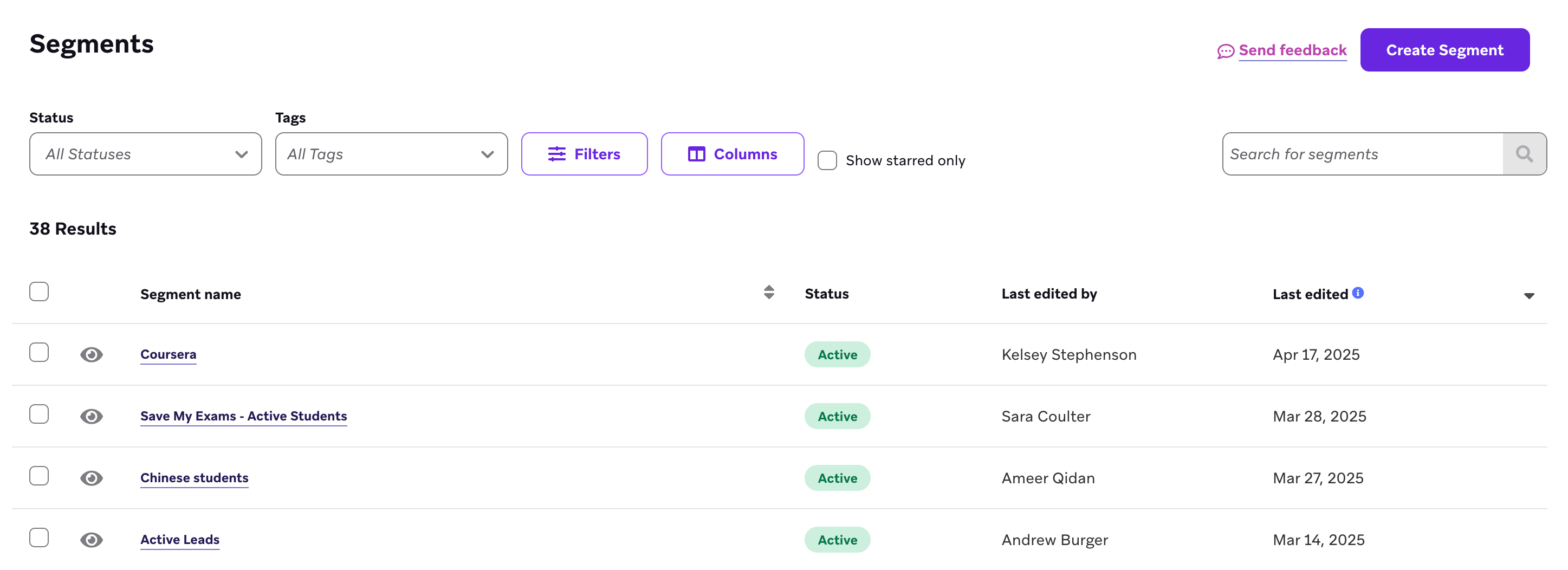Segments page