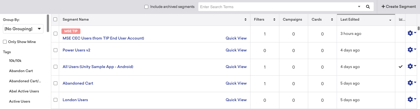 Segments page