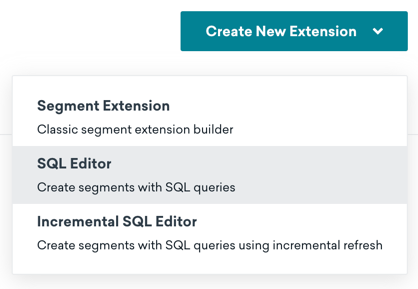 Dropdown button on the Segment Extension page to open the SQL editor.