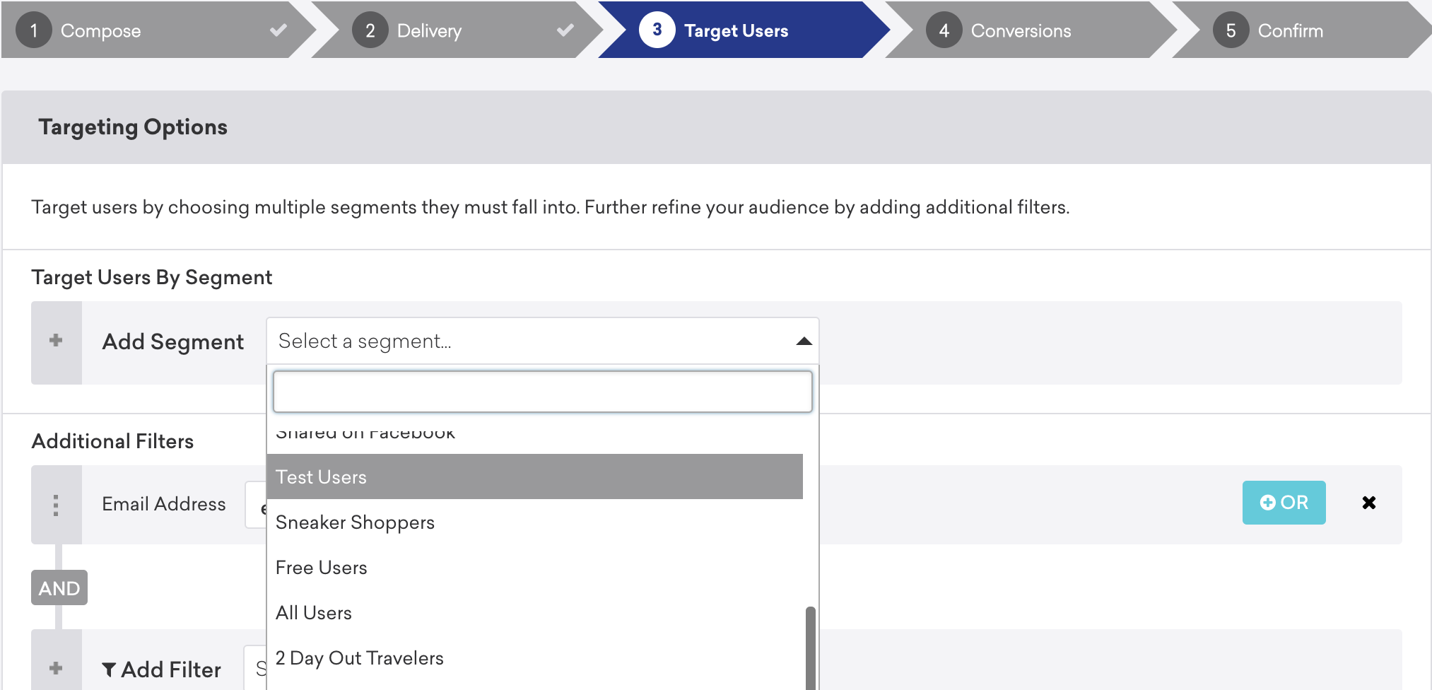 A Braze test campaign displaying the segments available in the targeting step.