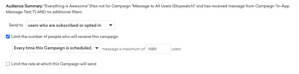 Audience Summary with a selected checkbox for limiting the number of people who receive the campaign.