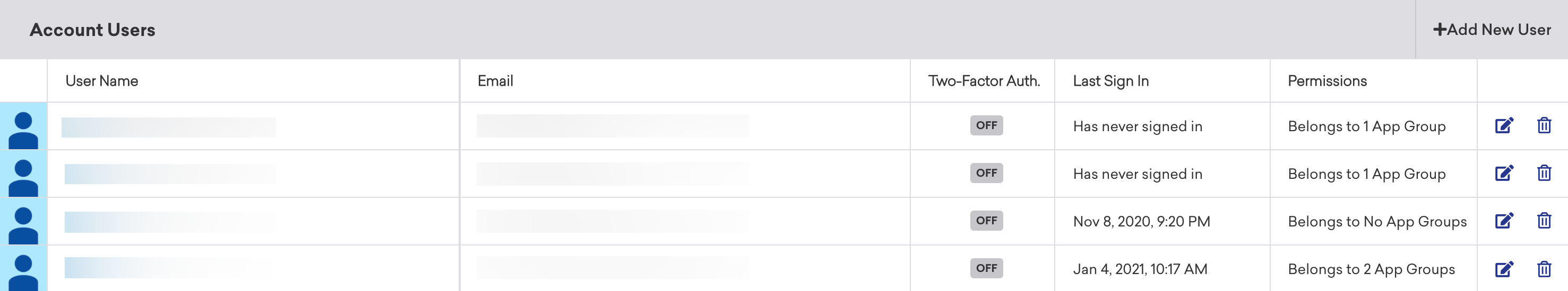 Account users list on the Manage Settings page