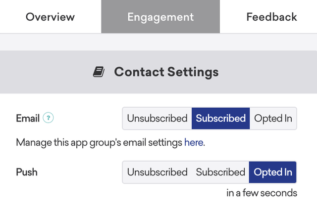 A user profile's subscription status as subscribed to email and opted-in to push.