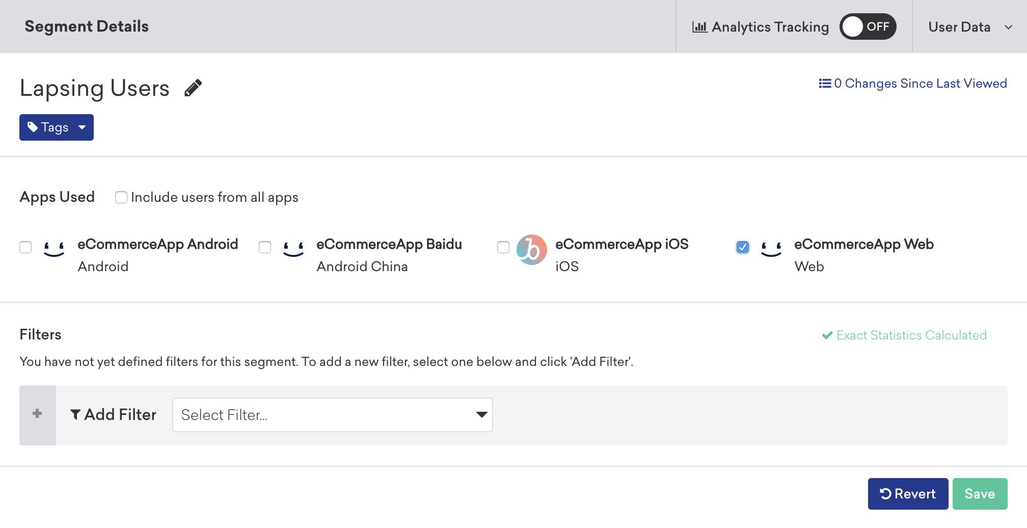 Segment Details page with web app selected