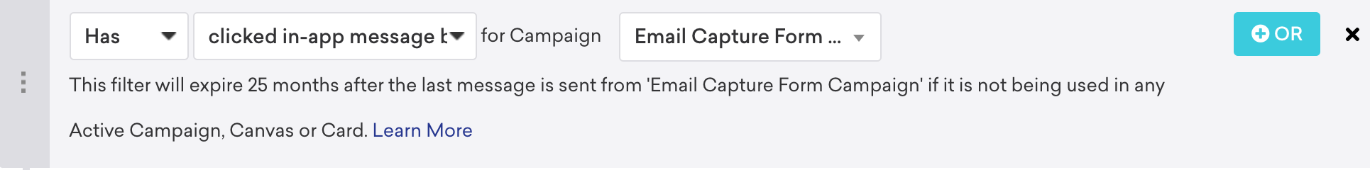 Filter for has clicked in-app message button 1 for your web email capture form campaign