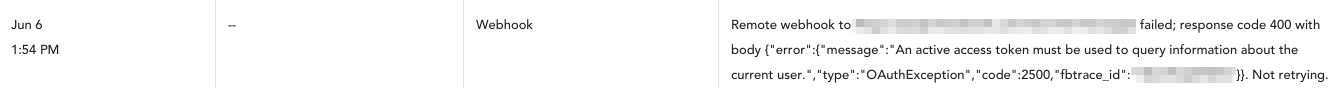 Webhook error with the message "An active access token must be used to query information about the current user".