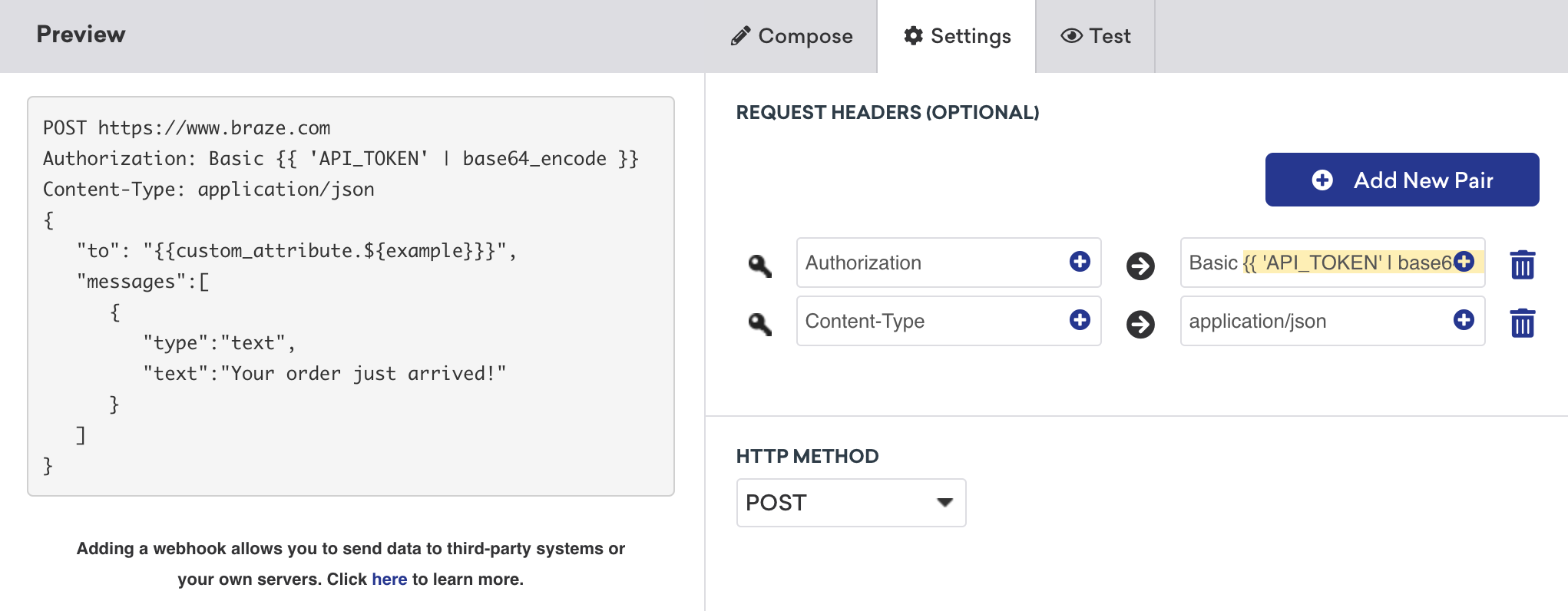 Specify request headers and HTTP method in the Settings tab of the composer