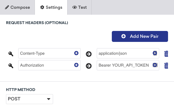 The "Settings" tab with the request headers for the webhook.