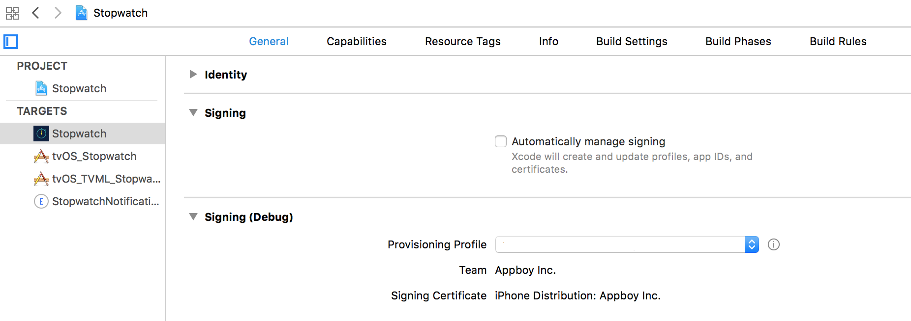 Xcode project settings showing the "general" tab. In this tab, the option "Automatically manage signing" is unchecked.