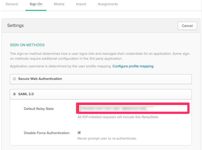 Okta Default RelayState im Tab „Sign On“.