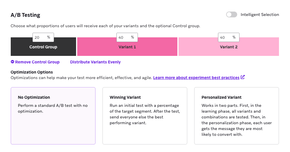 A/B-Testing-Panel, das die prozentuale Aufschlüsselung der Kontrollgruppe, Variante 1, Variante 2 und Variante 3 mit jeweils 25 % für jede Gruppe zeigt.