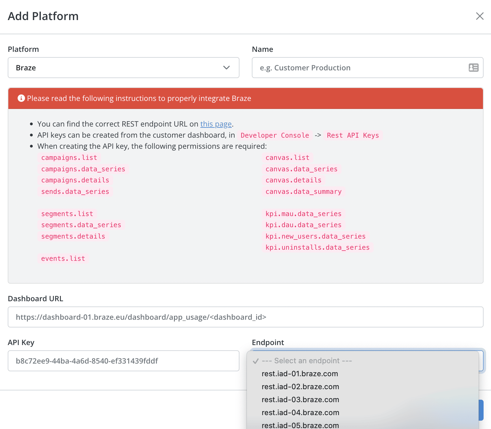 Die actionable.me-Seite „Plattform hinzufügen“, die das actionable.me-Operations-Team konfigurieren wird.