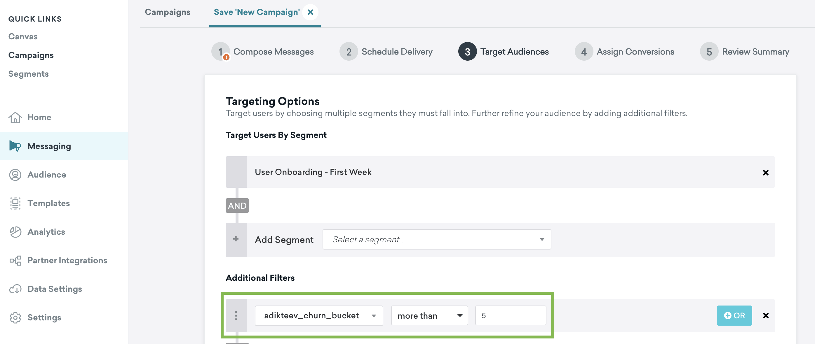 Ein Screenshot, der ein Beispiel zeigt, wie ein von Adikteev gesendetes angepasstes Attribut als Targeting-Filter für eine Campaign verwendet wird.