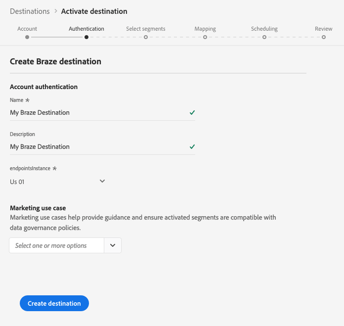 Adobe-Ziel – Schritt „Authentication“ mit Feldern für Name, Ziel und Endpunkt.