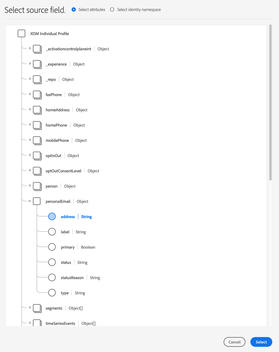 Adobe-Attributauswahl mit Quellattributen für die Abbildung.