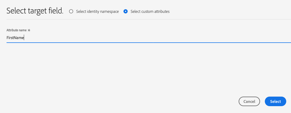 Adobe-Zielfeldauswahl mit Optionen für Identitäts-Namensraum und angepasste Attribute.