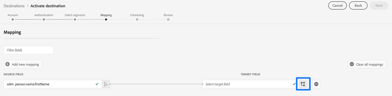 Adobe-Panel für die Zielfeld-Abbildung mit ausgewähltem Abbildungssymbol.