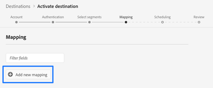 Adobe-Seite für die Abbildung der Felder mit dem Button „Add new mapping“.