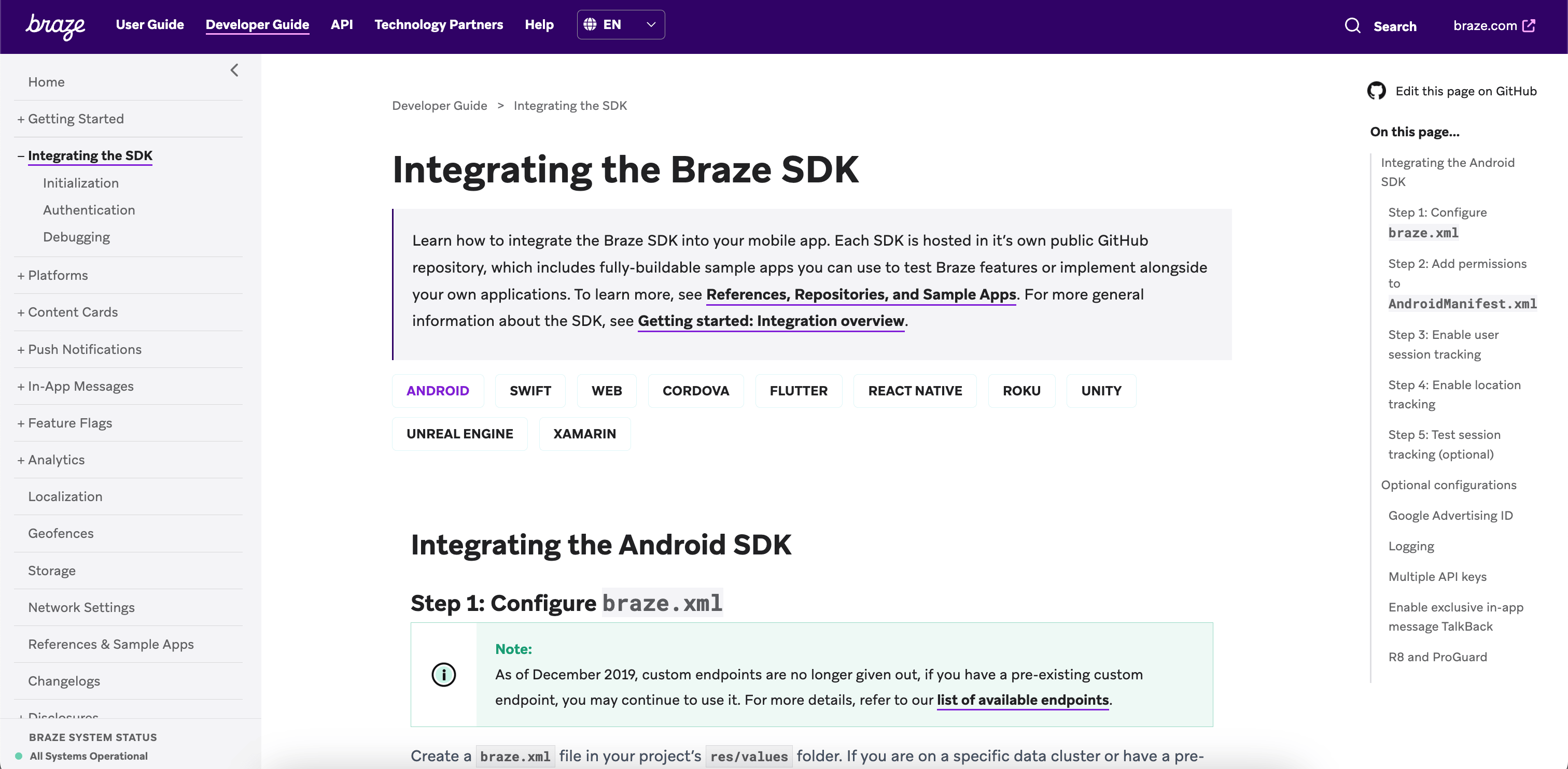 Die aktualisierte Android-Dokumentation auf dem Android-Tab des Artikels „Integration des SDK“.