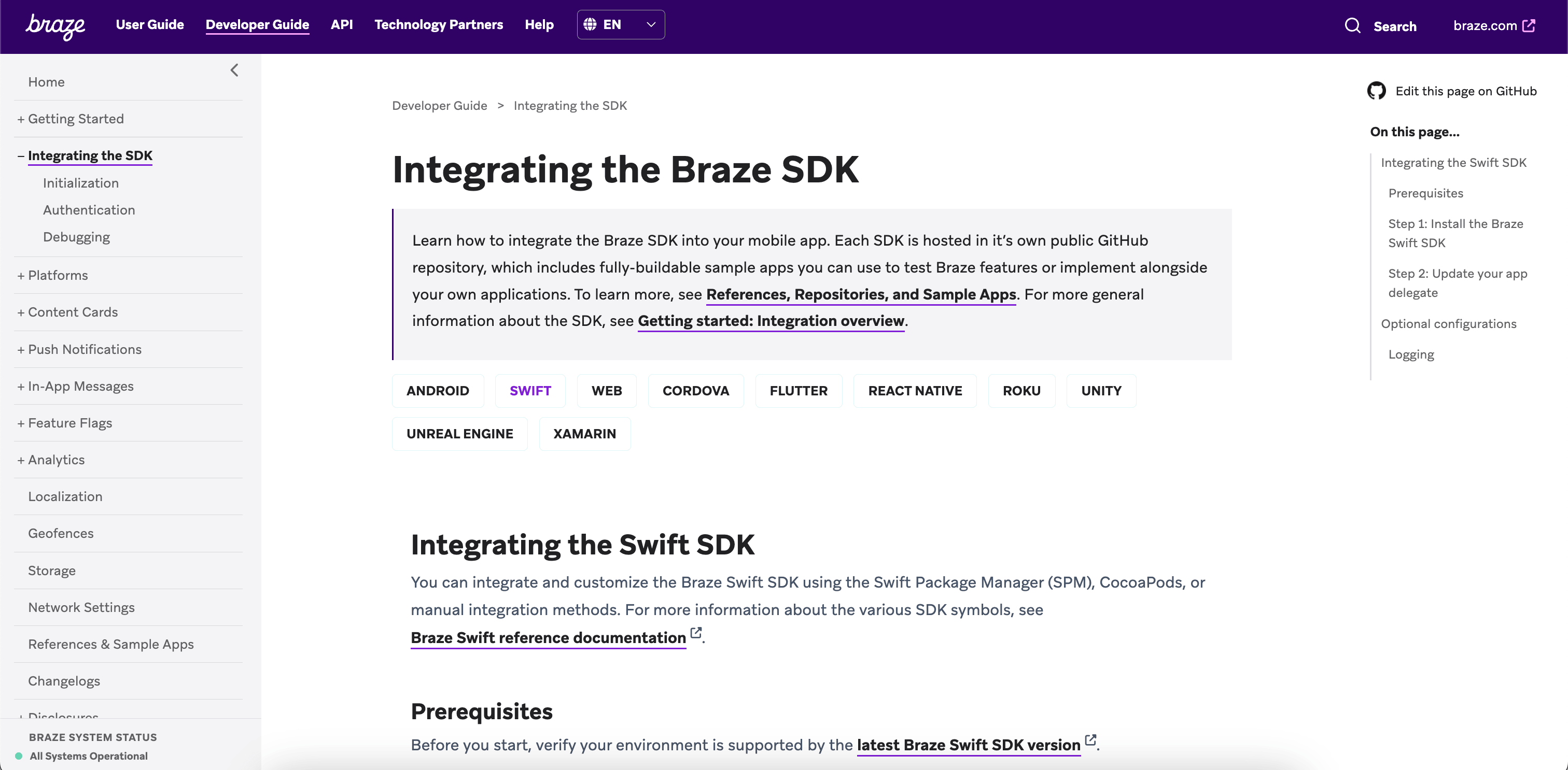 Die aktualisierte Swift-Dokumentation auf dem Swift-Tab des Artikels „Integration des SDK“.